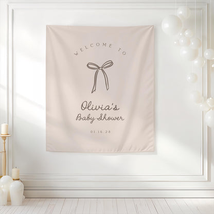 Beige Bow Baby Shower Backdrop | Whimsical Bow Bridal Shower Banner | Neutral Earthy Personalized Welcome Sign