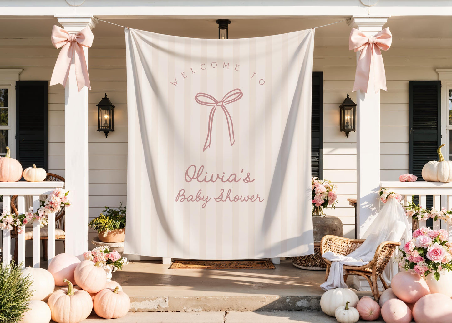 Bow Baby Shower Backdrop | Pale Pink Beige Striped Banner | Neutral Welcome Sign | Personalized Girl Baby Shower Decor | Bridal Shower