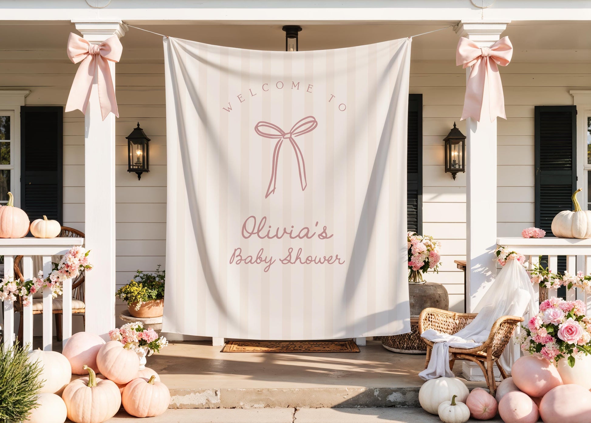 Bow Baby Shower Backdrop | Pale Pink Beige Striped Banner | Neutral Welcome Sign | Personalized Girl Baby Shower Decor | Bridal Shower