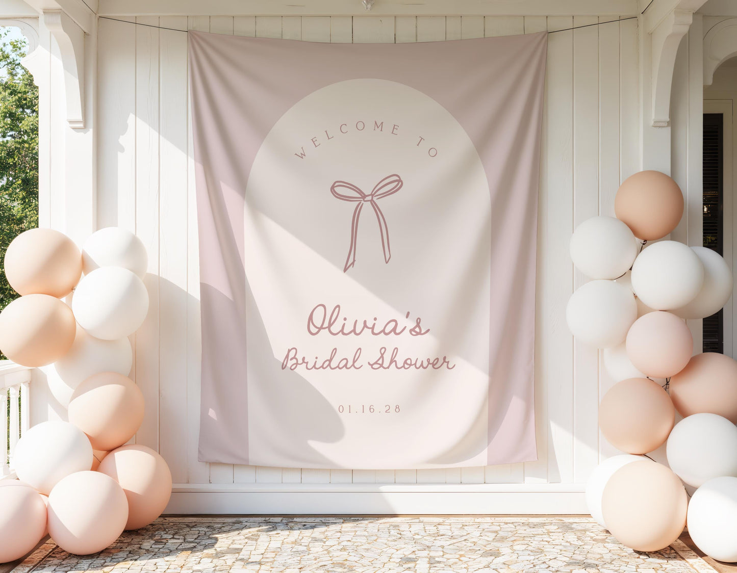 Boho pale pink bow baby shower backdrop arch banner