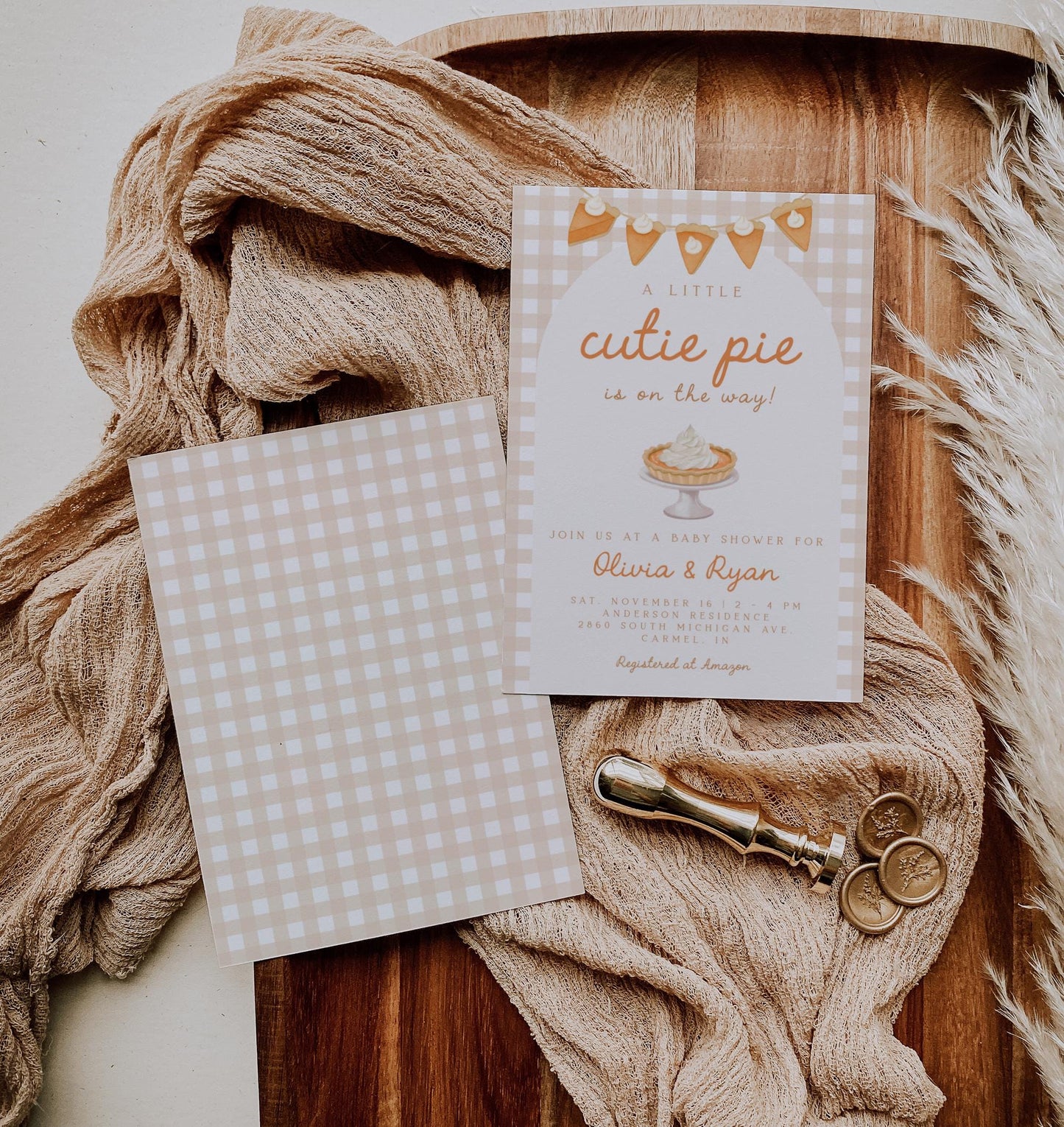 Pumpkin Pie Baby Shower Invitation | Cutie Pie Invite | Neutral Gingham Arch | Fall Coed Couples Shower | Thanksgiving Autumn Gender Reveal