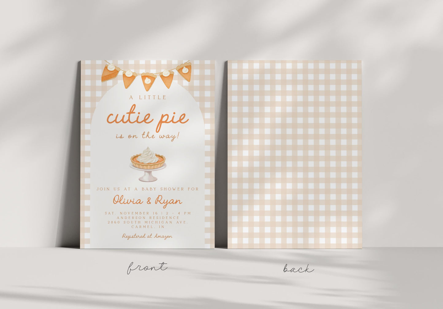 Pumpkin Pie Baby Shower Invitation | Cutie Pie Invite | Neutral Gingham Arch | Fall Coed Couples Shower | Thanksgiving Autumn Gender Reveal