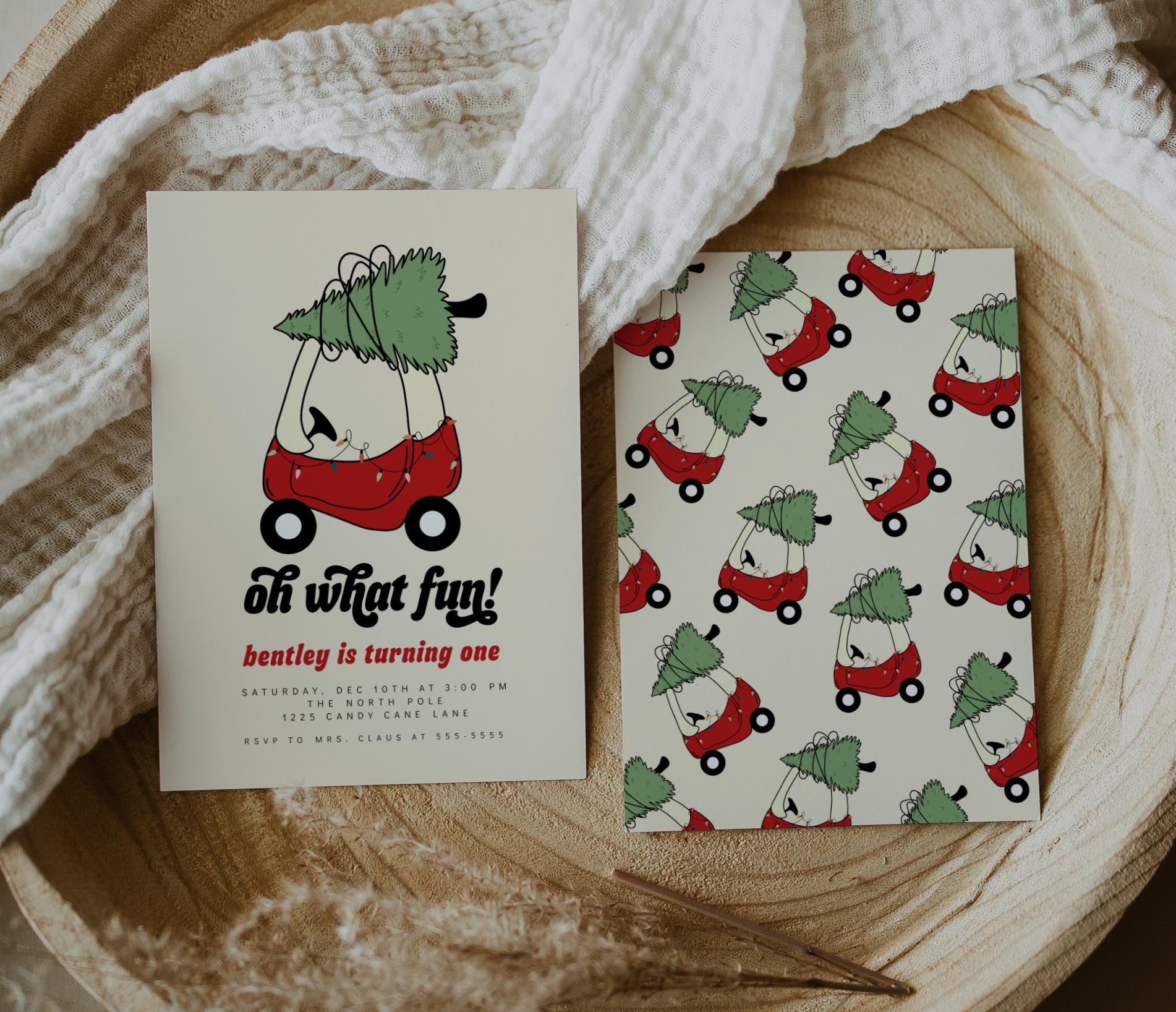 Oh What Fun Christmas Birthday Invitation | Holiday 1st Birthday Party Invite | Editable Red Toy Car with Christmas Tree Birthday Printable