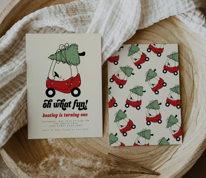 Oh What Fun Christmas Birthday Invitation | Holiday 1st Birthday Party Invite | Editable Red Toy Car with Christmas Tree Birthday Printable