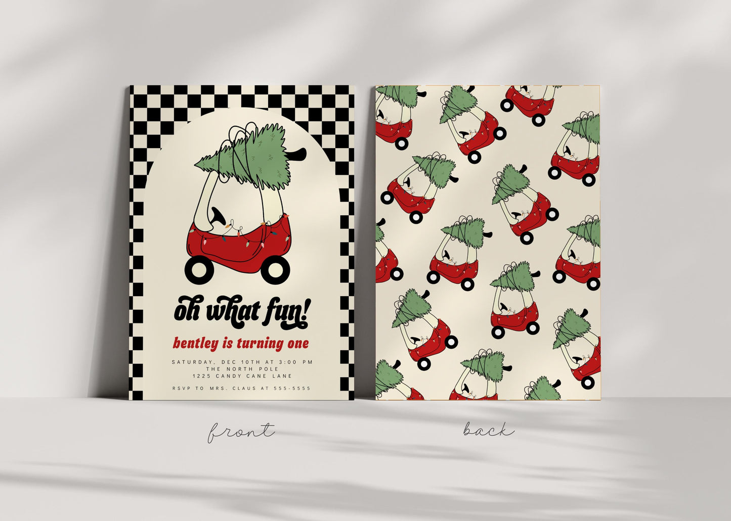 Checkered Oh What Fun Invitation | Holiday 1st Birthday Party Invite | Editable Red Toy Car with Christmas Tree Birthday Printable