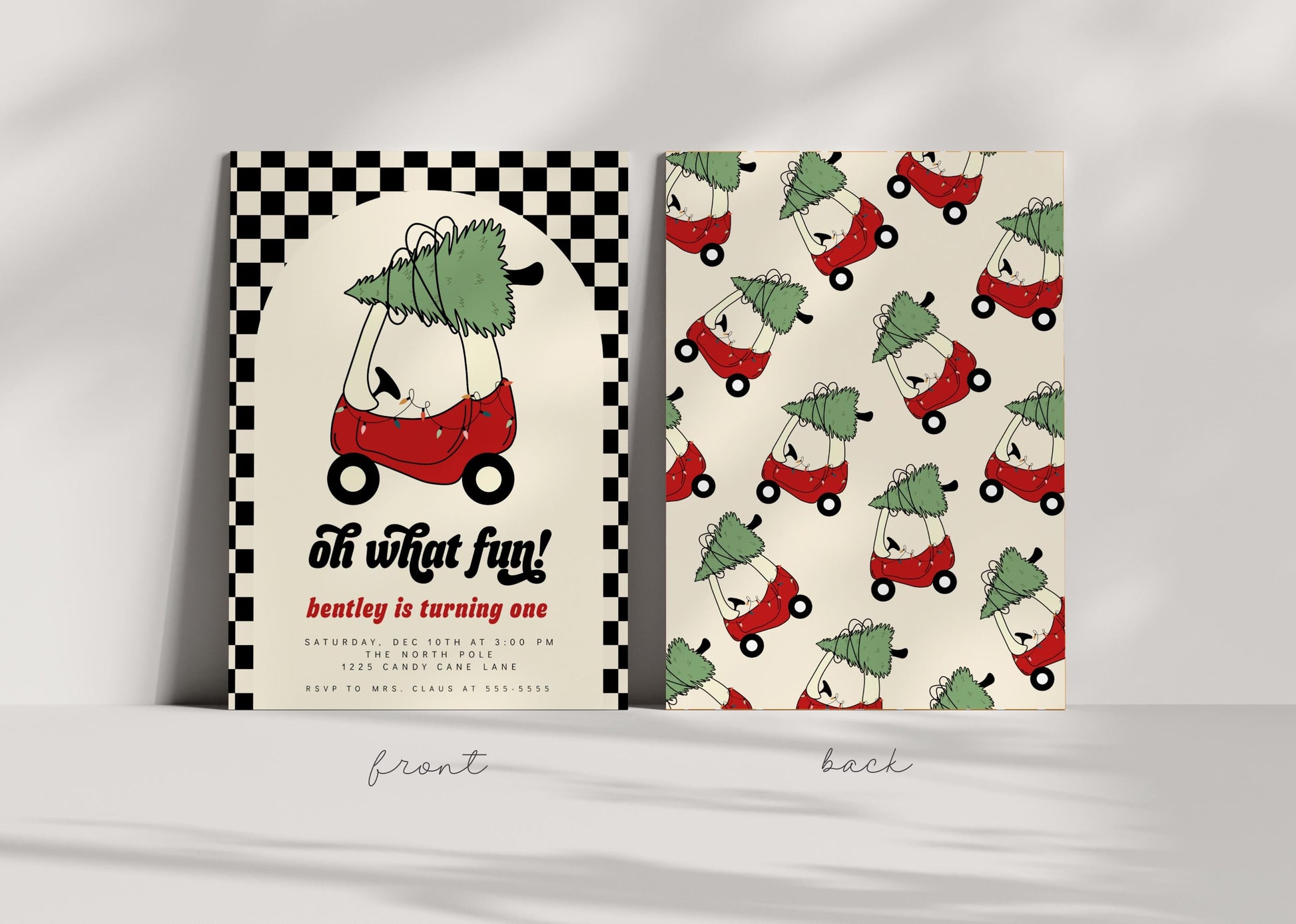 Checkered Oh What Fun Invitation | Holiday 1st Birthday Party Invite | Editable Red Toy Car with Christmas Tree Birthday Printable