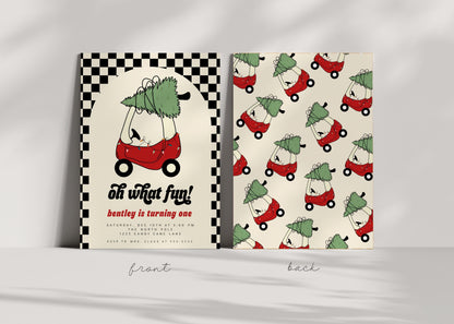 Checkered Oh What Fun Invitation | Holiday 1st Birthday Party Invite | Editable Red Toy Car with Christmas Tree Birthday Printable