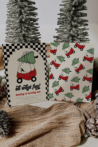 Checkered Oh What Fun Holiday Invitation 