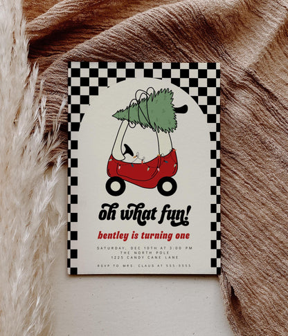 Checkered Oh What Fun Invitation | Holiday 1st Birthday Party Invite | Editable Red Toy Car with Christmas Tree Birthday Printable