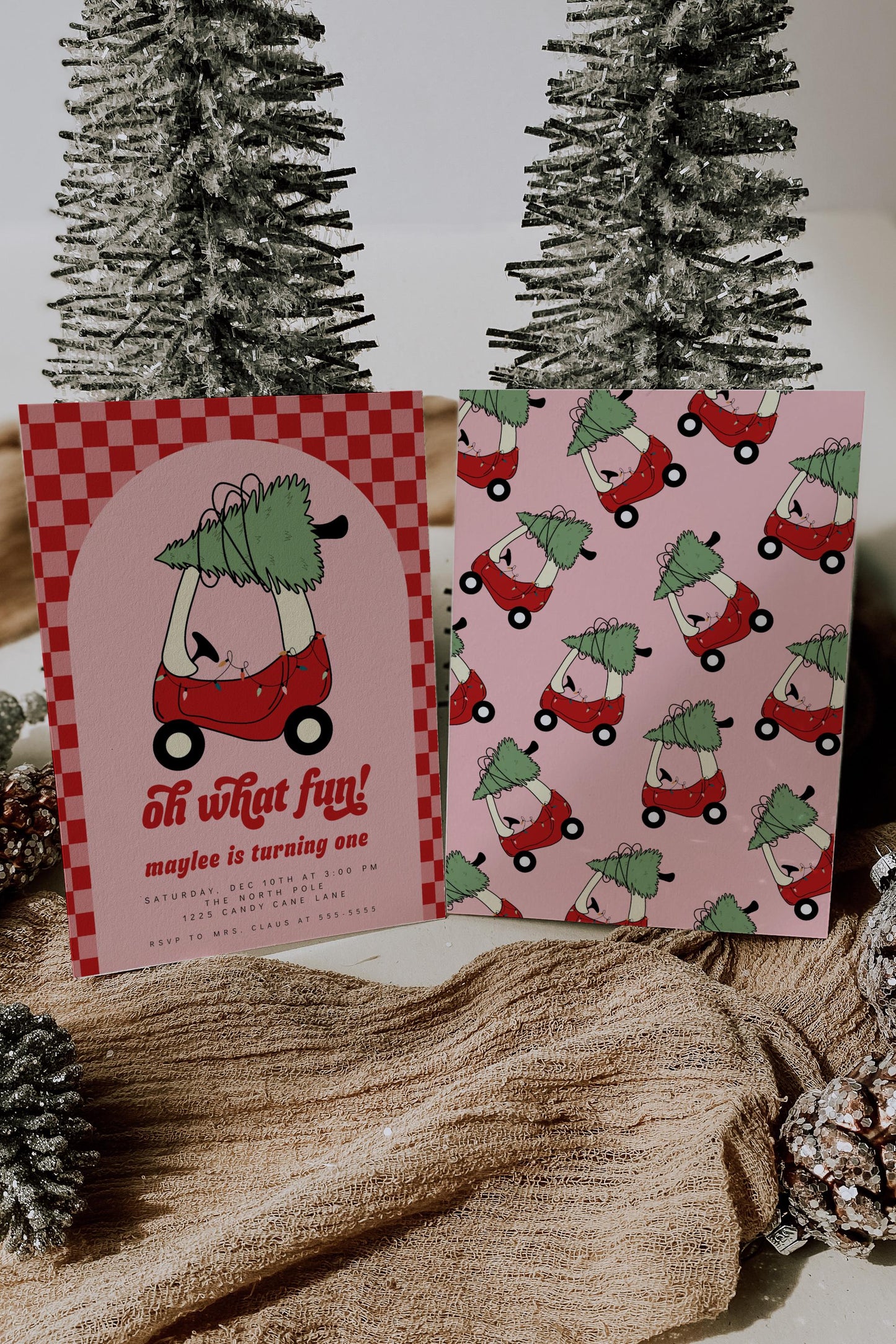Girl Toy Car with Christmas Tree Invitation | Oh What Fun 1st Birthday Invite | Editable Pink Red Checkered Printable
