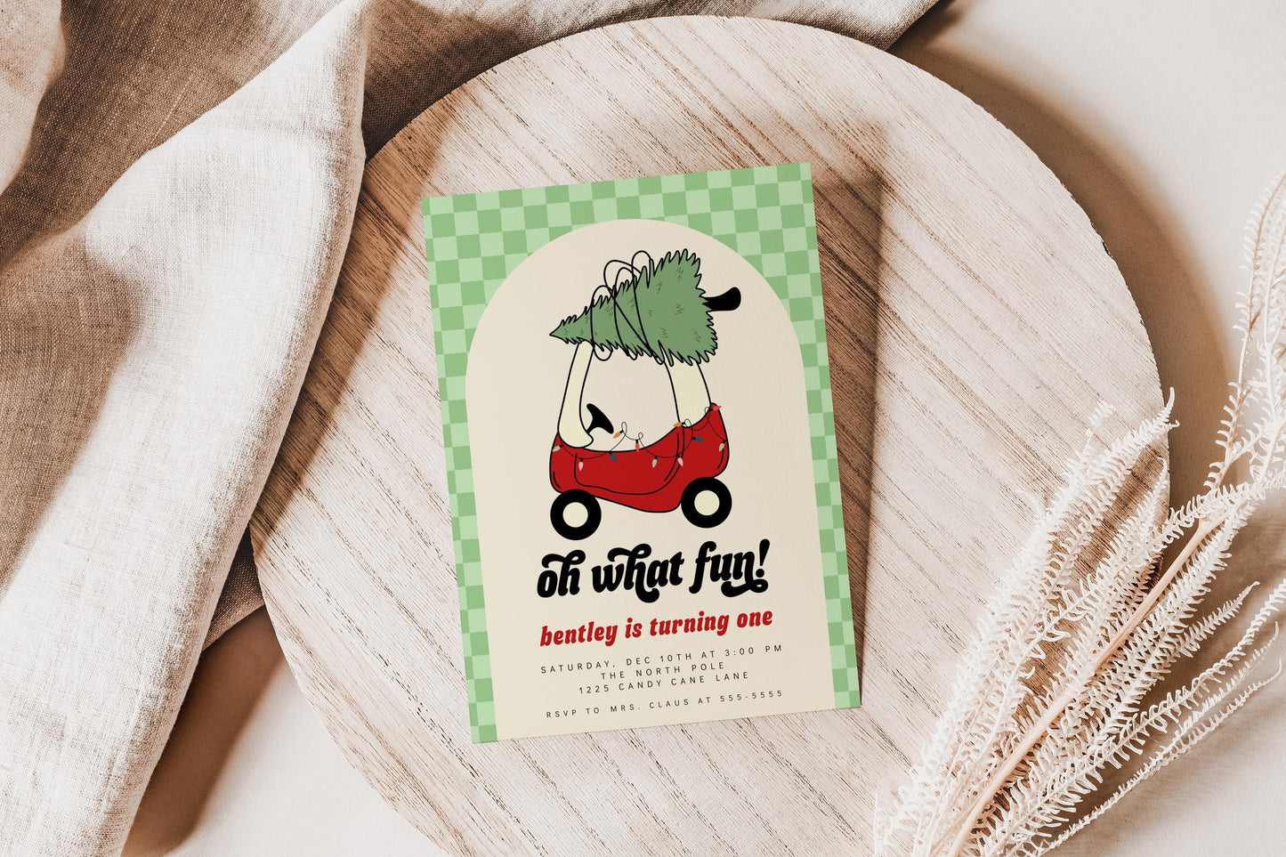 Toy Car with Christmas Tree Invitation | Oh What Fun First Birthday Invite | Green Checkered Holiday Corjl Template