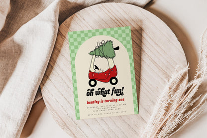 Toy Car with Christmas Tree Invitation | Oh What Fun First Birthday Invite | Green Checkered Holiday Corjl Template