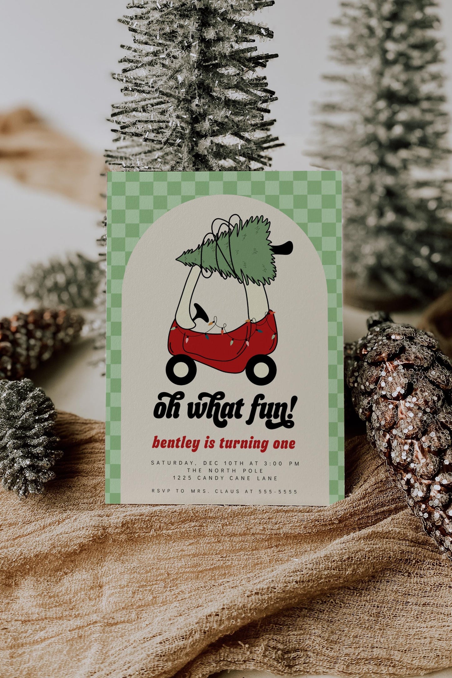 Toy Car with Christmas Tree Invitation | Oh What Fun First Birthday Invite | Green Checkered Holiday Corjl Template