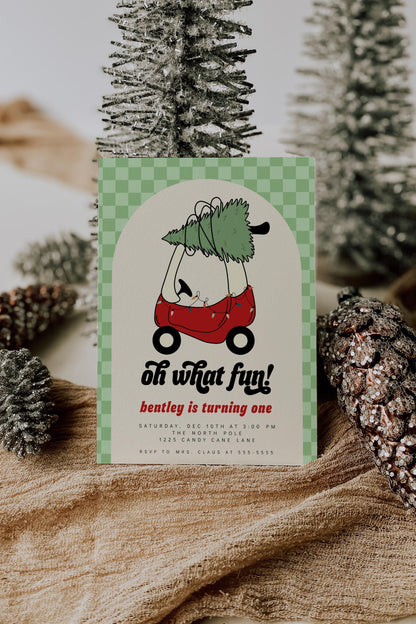 Toy Car with Christmas Tree Invitation | Oh What Fun First Birthday Invite | Green Checkered Holiday Corjl Template