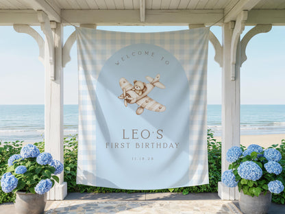 Bear Airplane First Birthday Backdrop