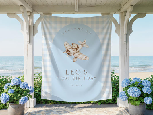 Bear Airplane First Birthday Backdrop