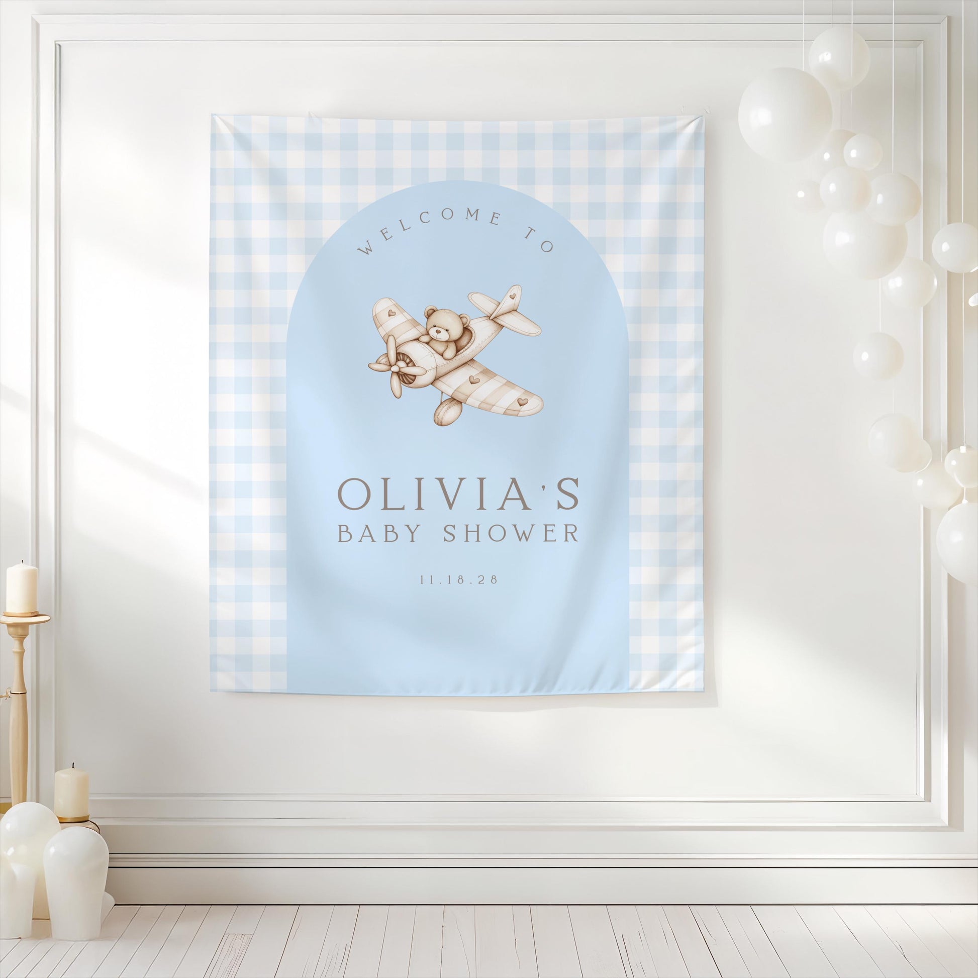 Boy Baby Shower Blue Gingham Bear Airplane Banner
