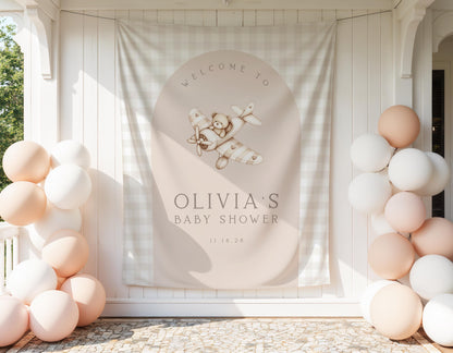 Neutral Gingham Bear Airplane Baby Shower Banner