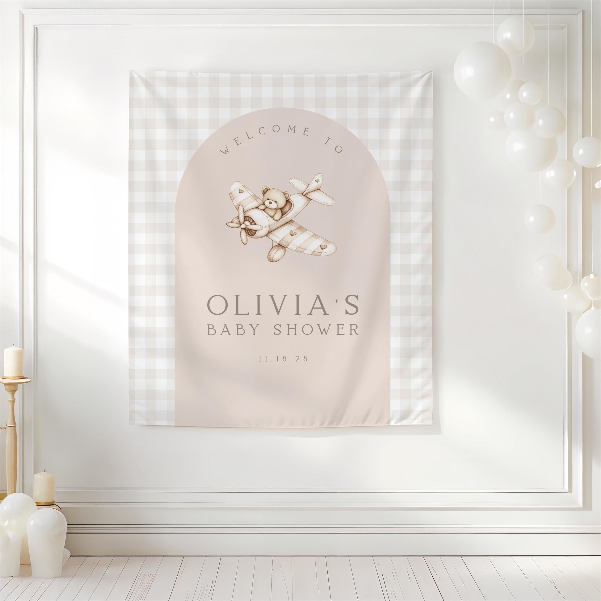 Baby Shower Backdrop | Beige Gingham Teddy Bear Airplane Banner | Arch Welcome Sign | Neutral First Birthday Decor | Gender Reveal Tapestry