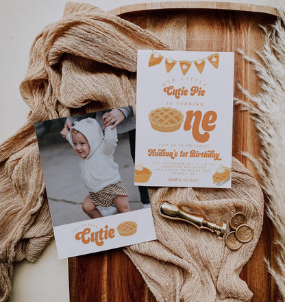 Cutie Pie Is One Invitation for 1st Birthday | Fall First Birthday Party | Editable Invite with Photo Back | Pumpkin Pie Thanksgiving Theme