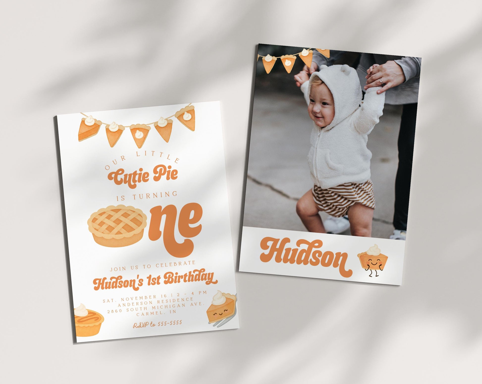 Cutie Pie Is One Invitation for 1st Birthday | Fall First Birthday Party | Editable Invite with Photo Back | Pumpkin Pie Thanksgiving Theme