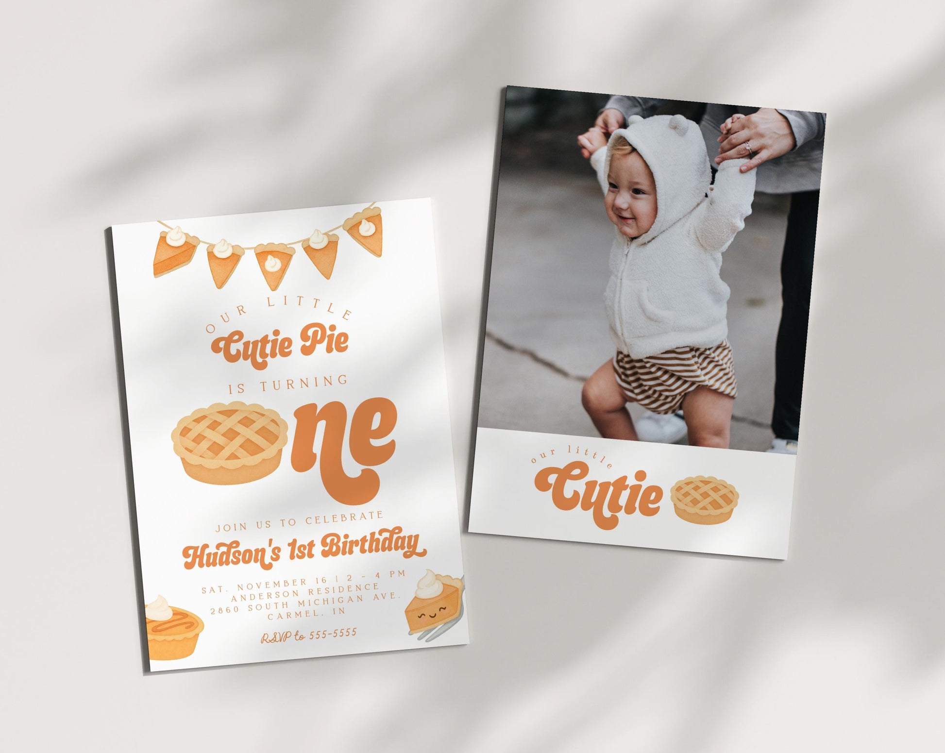 Cutie Pie Is One Invitation for 1st Birthday | Fall First Birthday Party | Editable Invite with Photo Back | Pumpkin Pie Thanksgiving Theme