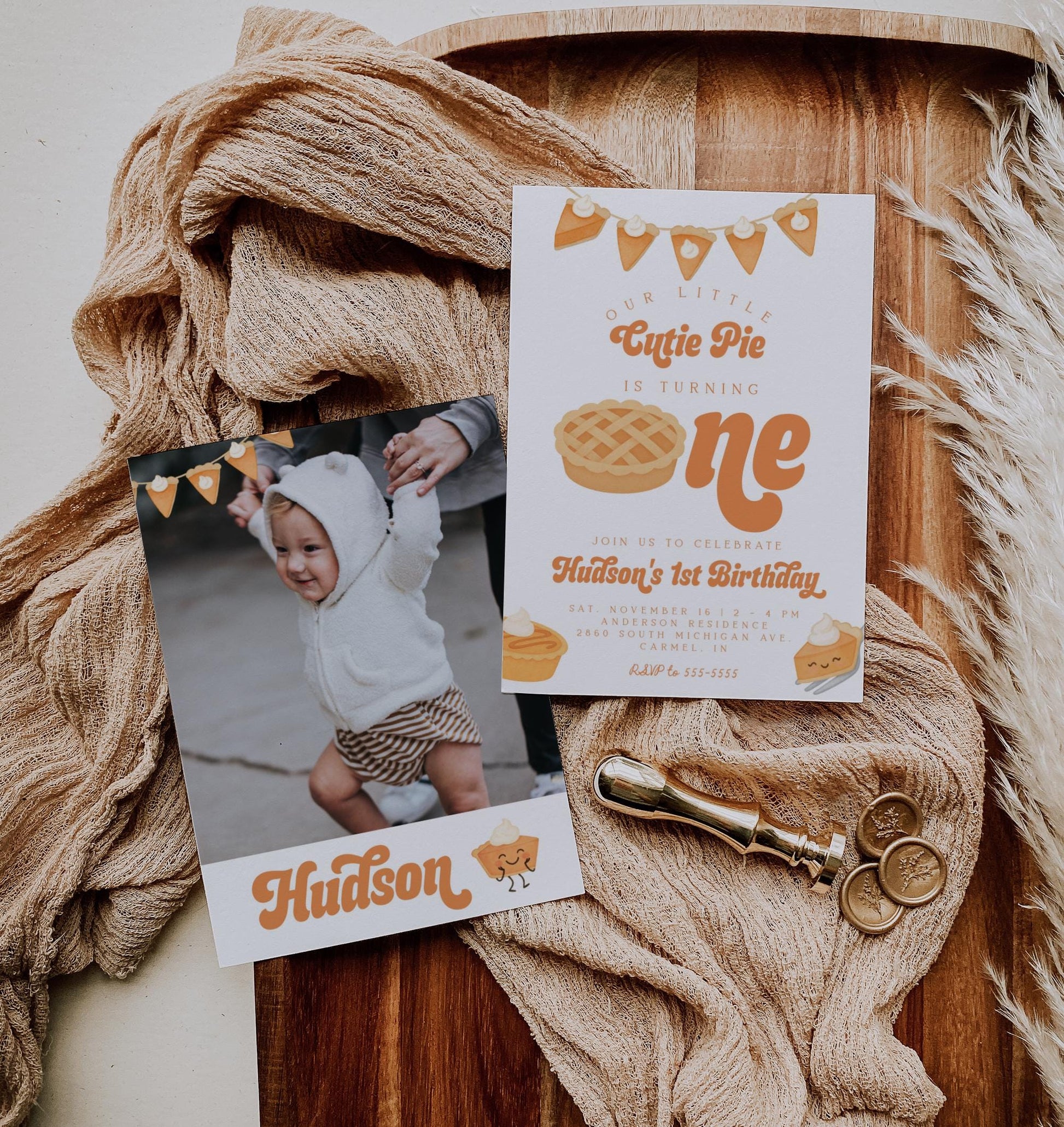 Cutie Pie Is One Invitation for 1st Birthday | Fall First Birthday Party | Editable Invite with Photo Back | Pumpkin Pie Thanksgiving Theme