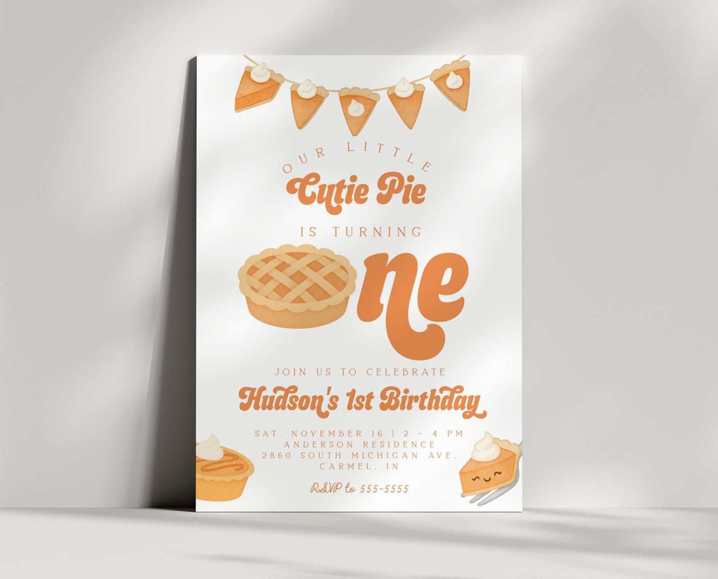 Cutie Pie Is One Invitation for 1st Birthday | Fall First Birthday Party | Editable Invite with Photo Back | Pumpkin Pie Thanksgiving Theme