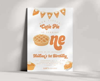 Cutie Pie Is One Invitation for 1st Birthday | Fall First Birthday Party | Editable Invite with Photo Back | Pumpkin Pie Thanksgiving Theme
