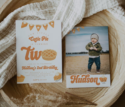 Cutie Pie Is Two Invitation for 2nd Birthday | Fall Second Birthday Party | Editable Invite with Photo Back | Pumpkin Pie Thanksgiving Theme