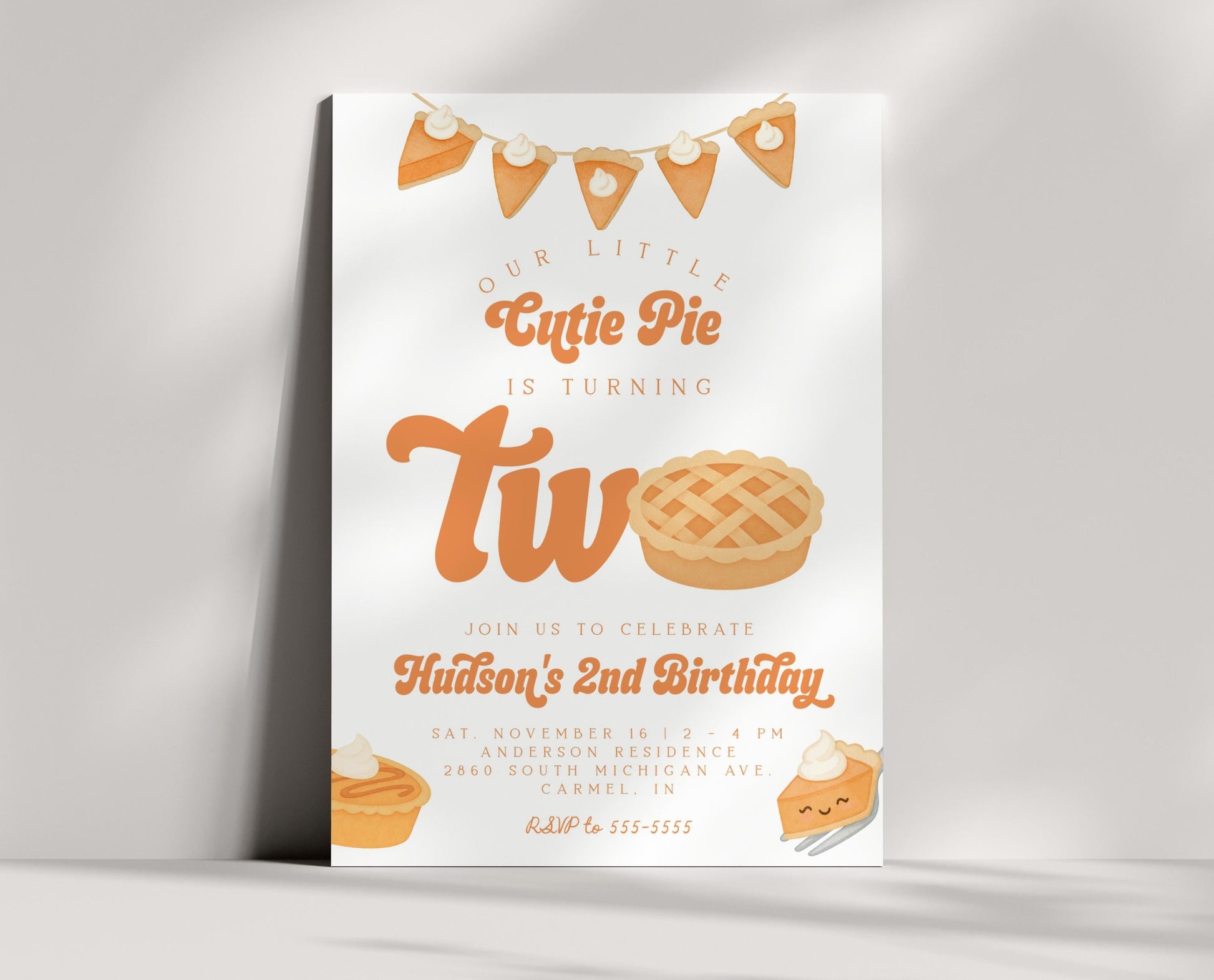 Cutie Pie Is Two Invitation for 2nd Birthday | Fall Second Birthday Party | Editable Invite with Photo Back | Pumpkin Pie Thanksgiving Theme