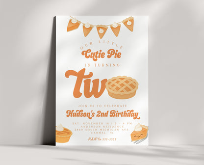 Cutie Pie Is Two Invitation for 2nd Birthday | Fall Second Birthday Party | Editable Invite with Photo Back | Pumpkin Pie Thanksgiving Theme