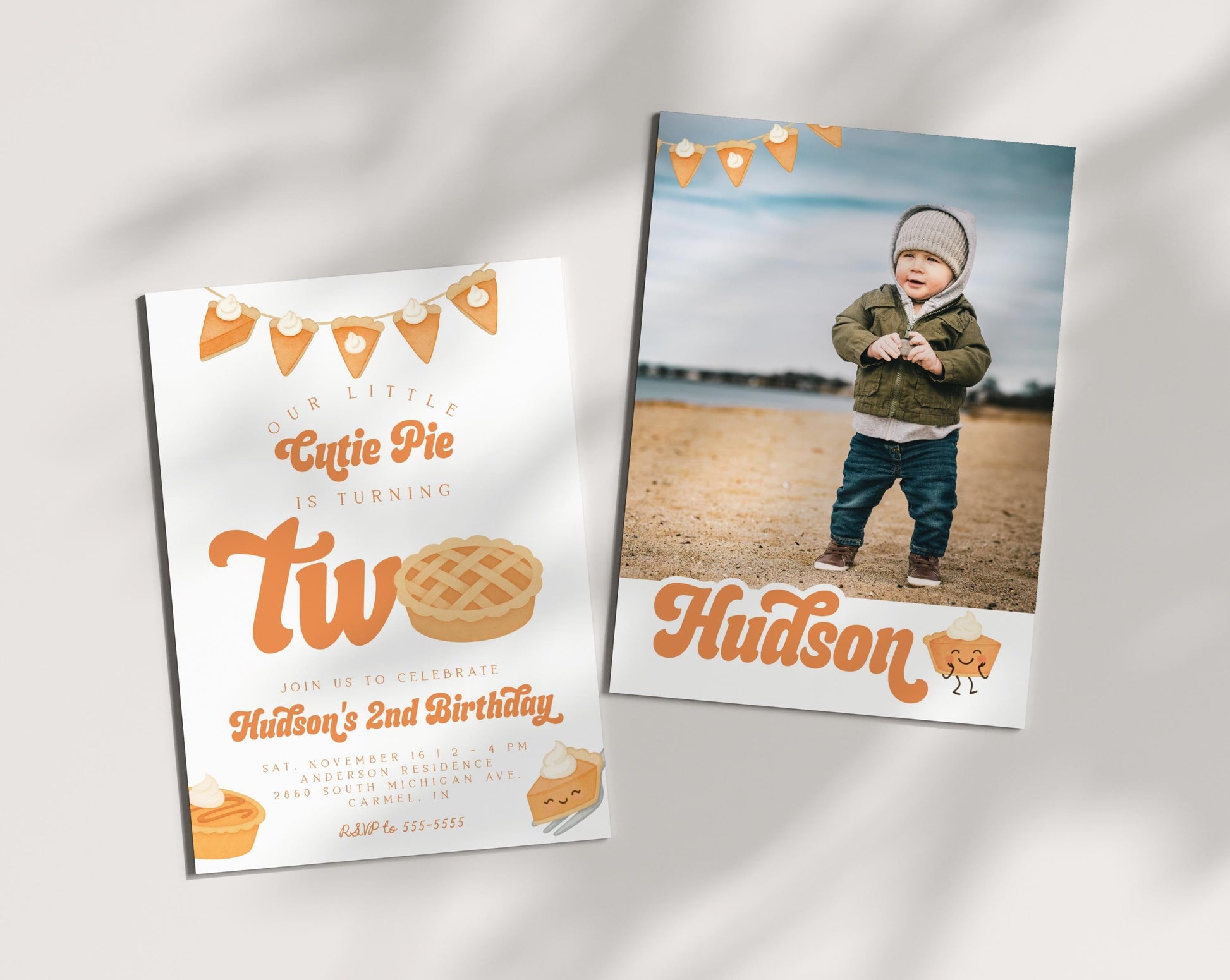 Cutie Pie Is Two Invitation for 2nd Birthday | Fall Second Birthday Party | Editable Invite with Photo Back | Pumpkin Pie Thanksgiving Theme