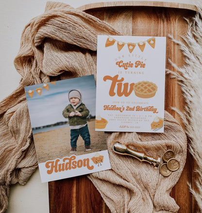 Cutie Pie Is Two Invitation for 2nd Birthday | Fall Second Birthday Party | Editable Invite with Photo Back | Pumpkin Pie Thanksgiving Theme