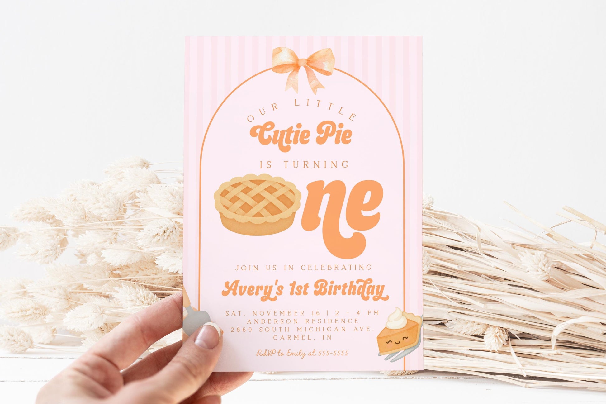Girl Cutie Pie First Birthday Invitation | Coquette Bow Editable Template | Fall Aesthetic 1st Birthday Invite | Pink Orange Pumpkin Pie