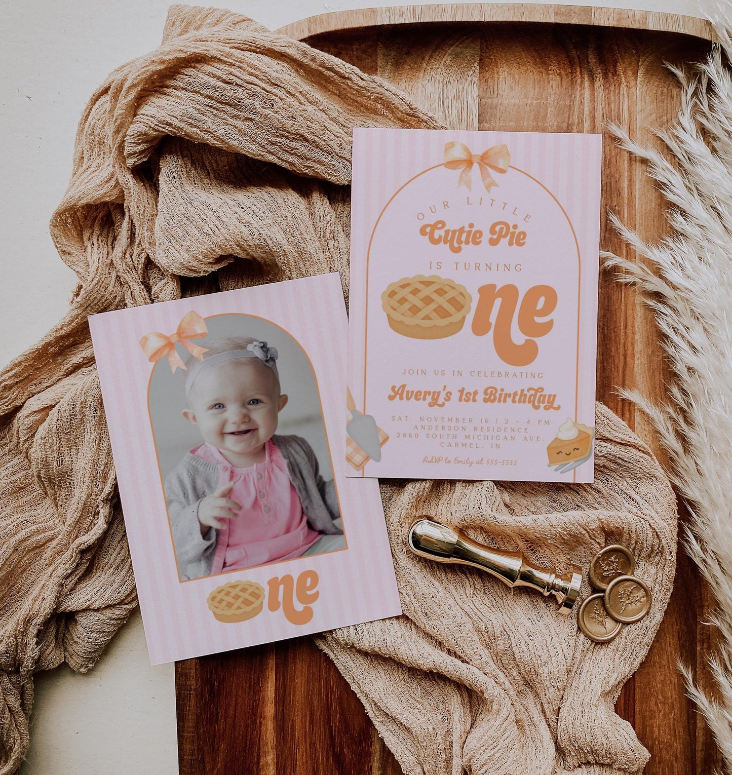 Girl Cutie Pie First Birthday Invitation | Coquette Bow Editable Template | Fall Aesthetic 1st Birthday Invite | Pink Orange Pumpkin Pie