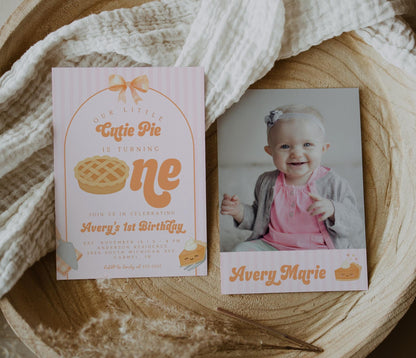 Girl Cutie Pie First Birthday Invitation | Coquette Bow Editable Template | Fall Aesthetic 1st Birthday Invite | Pink Orange Pumpkin Pie