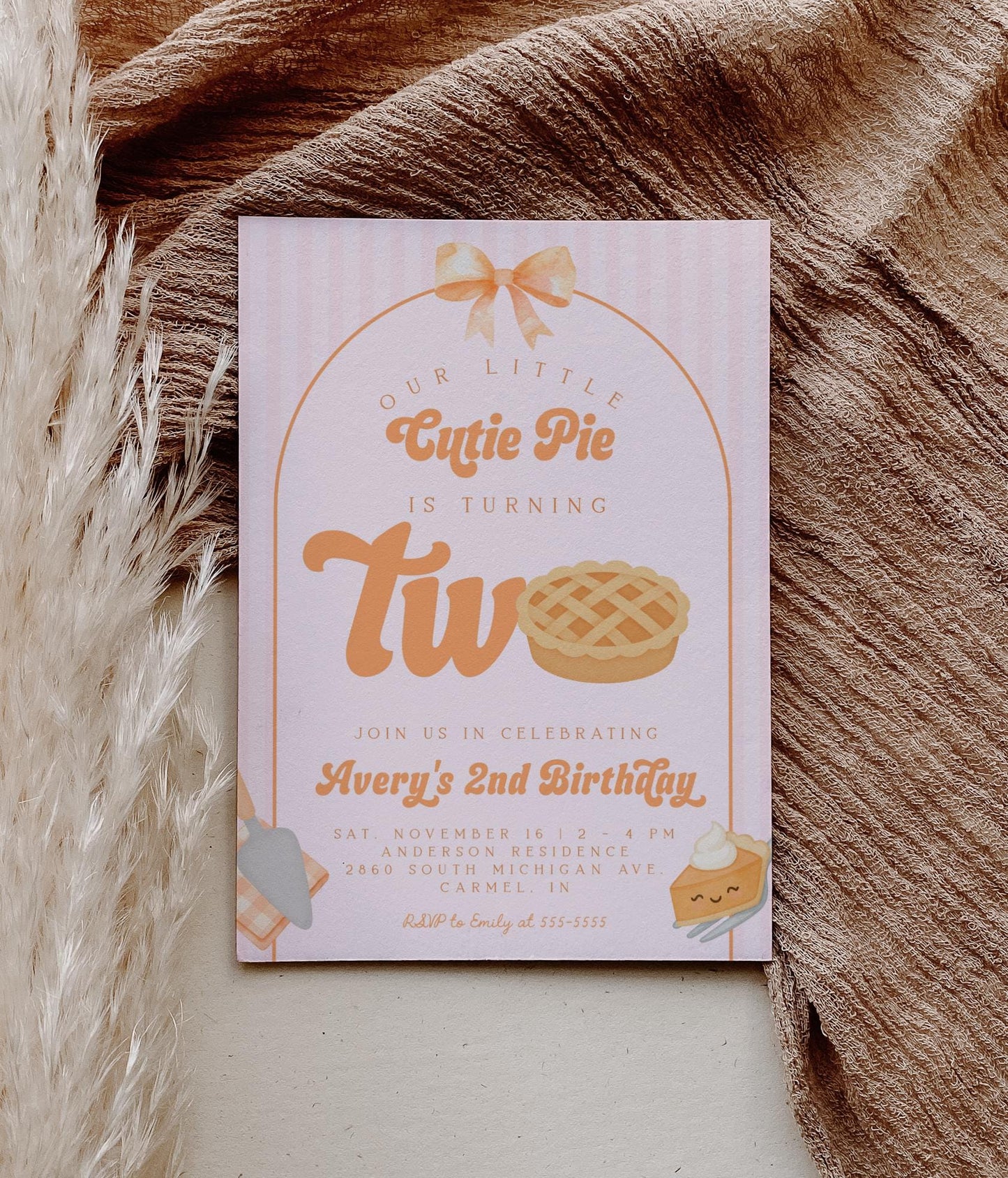 Girl Cutie Pie Second Birthday Invitation | Coquette Bow Editable Template | Fall Aesthetic 2nd Birthday Invite | Pink Orange Pumpkin Pie