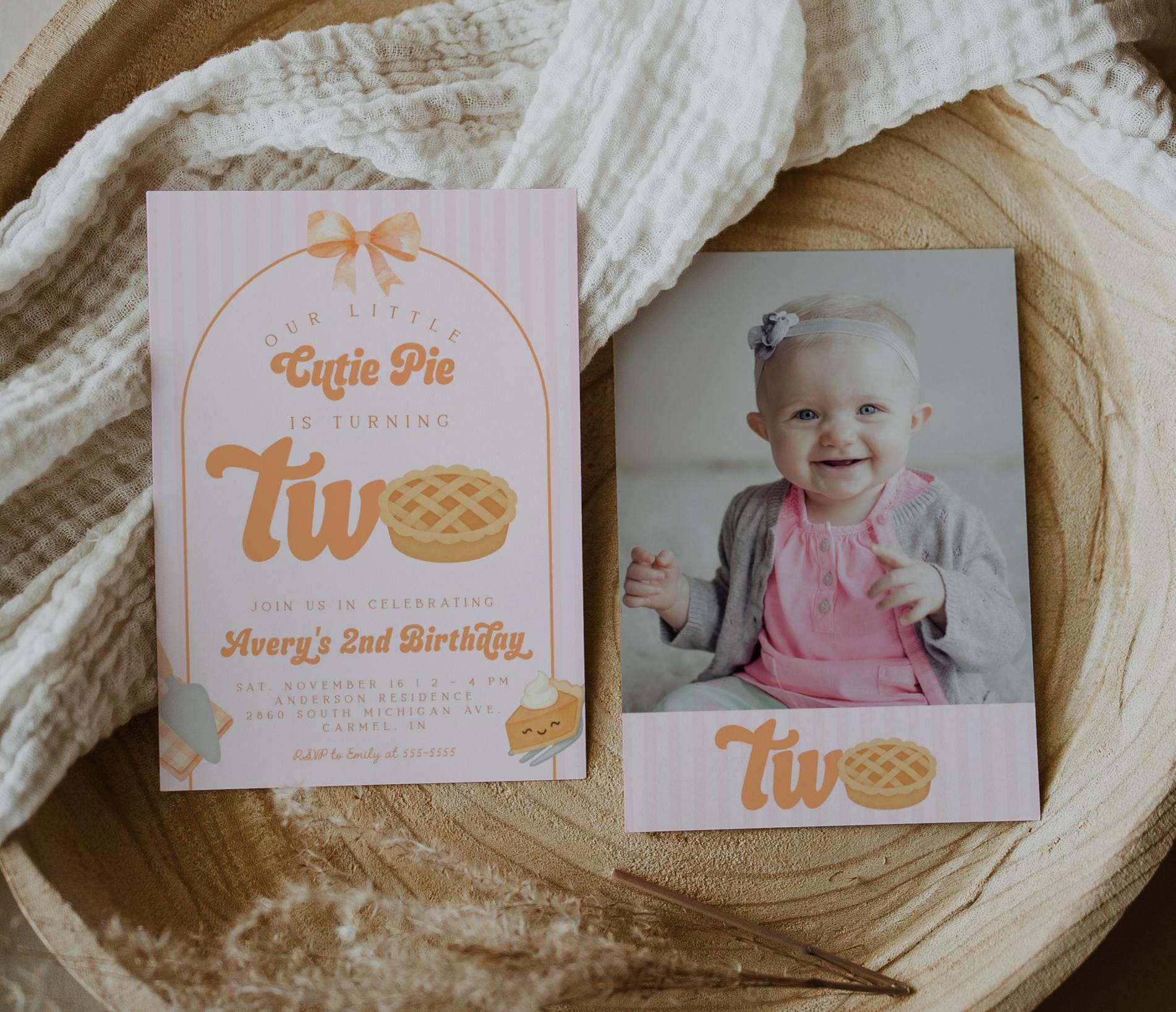 Girl Cutie Pie Second Birthday Invitation | Coquette Bow Editable Template | Fall Aesthetic 2nd Birthday Invite | Pink Orange Pumpkin Pie
