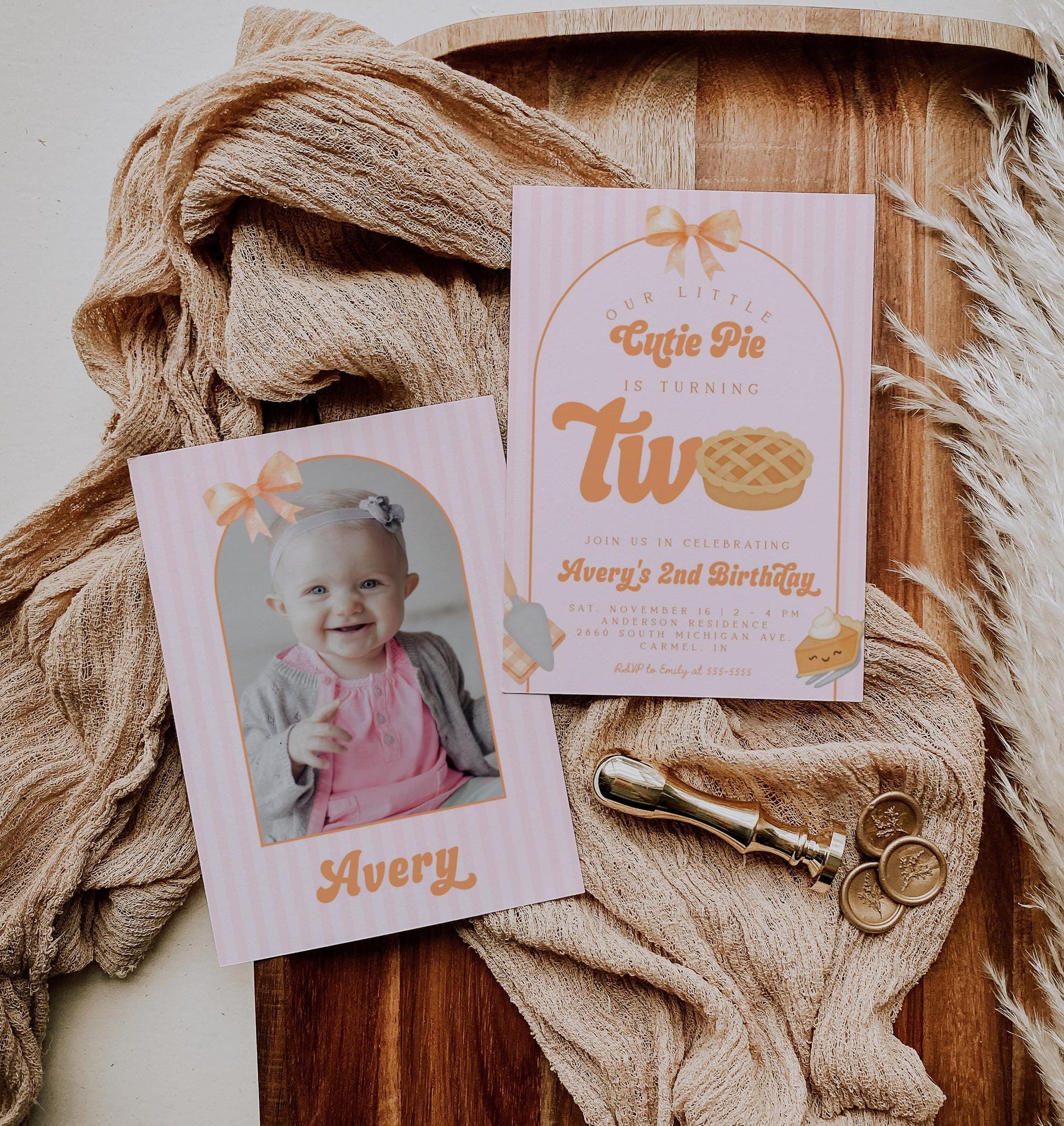 Girl Cutie Pie Second Birthday Invitation | Coquette Bow Editable Template | Fall Aesthetic 2nd Birthday Invite | Pink Orange Pumpkin Pie