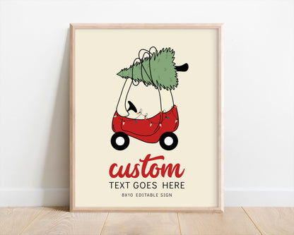 Checkered Christmas Tree Car Birthday Sign - Editable Red Toy Car Party Sign - Oh What Fun First Birthday Party Sign Template