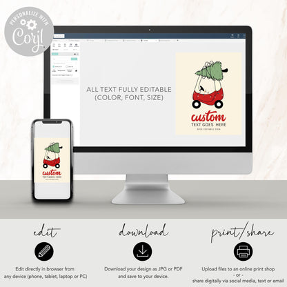 Checkered Christmas Tree Car Birthday Sign - Editable Red Toy Car Party Sign - Oh What Fun First Birthday Party Sign Template