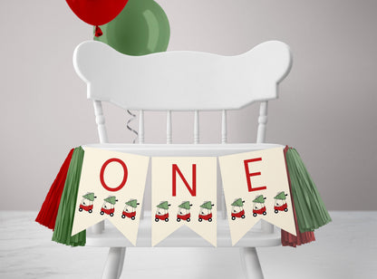 Christmas Tree Toy Car Birthday Sign - Red Car Party Sign - First Birthday Party Editable Sign