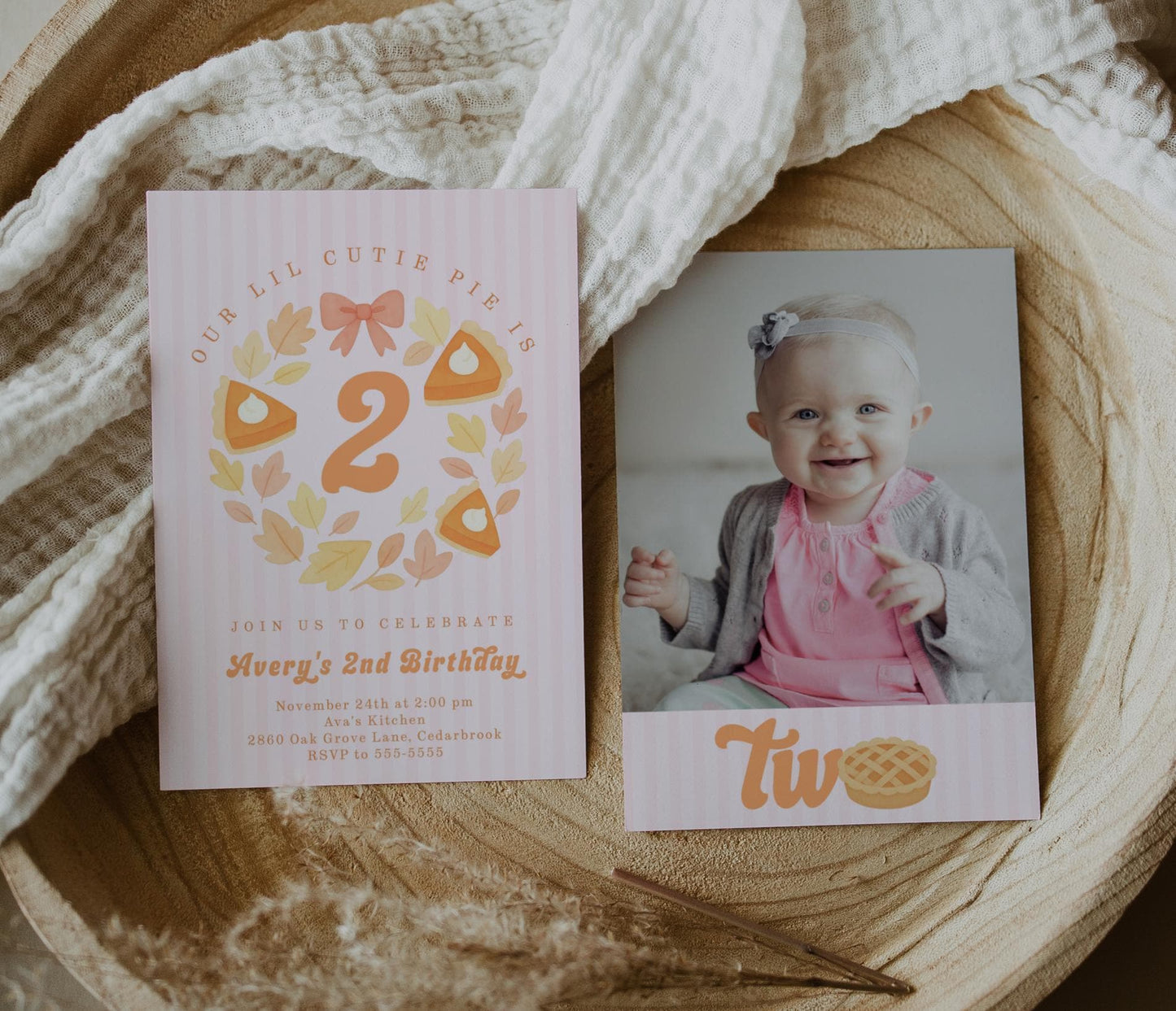 Cutie Pie Birthday Invitation for Girl | Editable Template for ANY AGE | Pumpkin Pie 2nd Birthday Invite with Pink Stripes and Bow