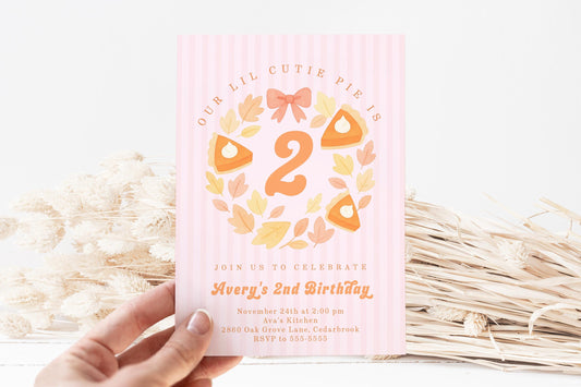 Second birthday invitation in cutie pie theme with pumpkin pie graphics, bow, leaves and stripes.