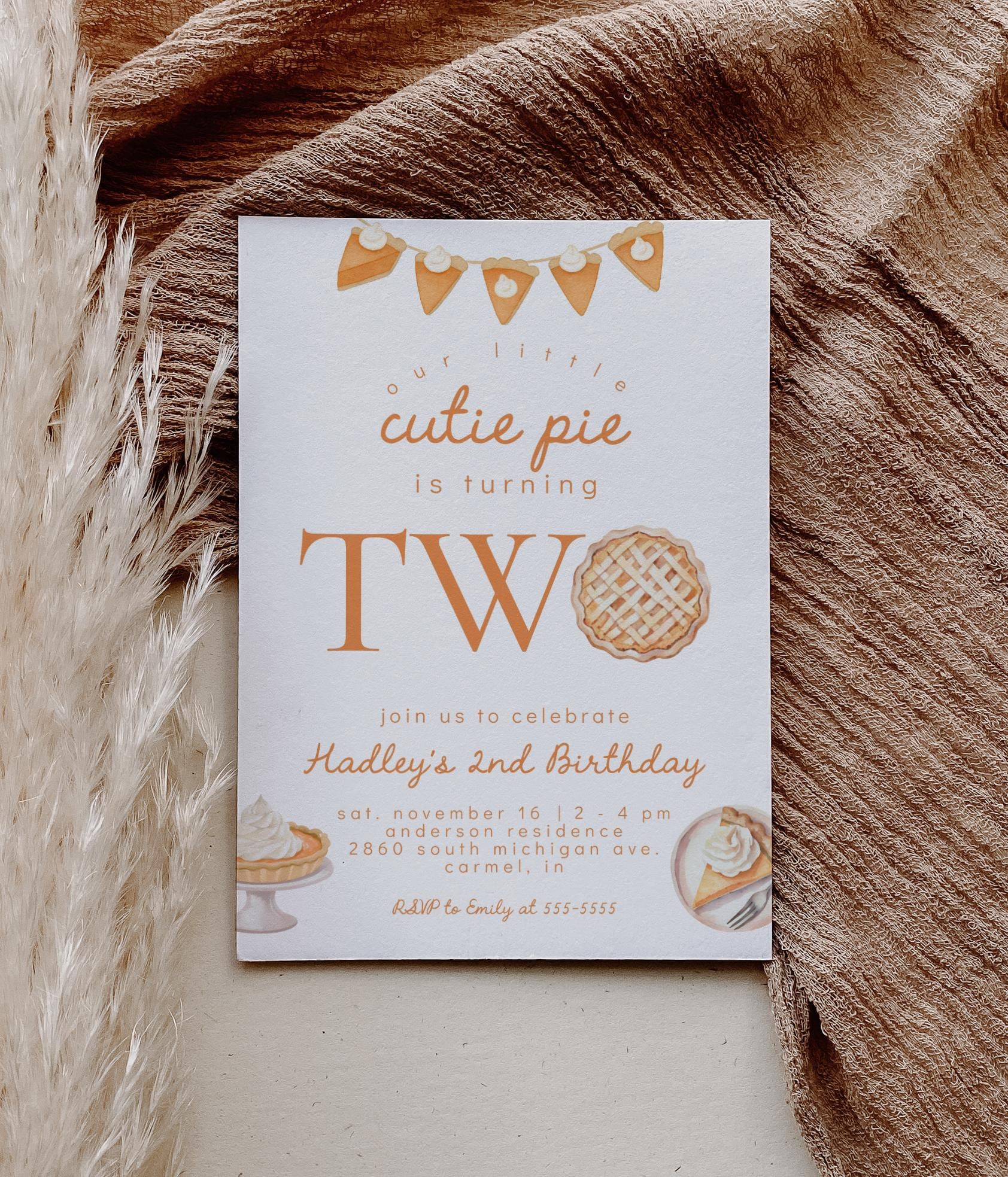 Cutie Pie 2nd Birthday Invitation | Pumpkin Pie Second Birthday Party | Gender Neutral Invite | Fall Thanksgiving Theme | Editable Printable