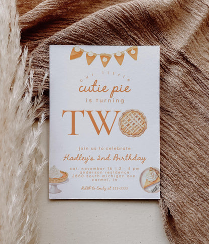 Cutie Pie 2nd Birthday Invitation | Pumpkin Pie Second Birthday Party | Gender Neutral Invite | Fall Thanksgiving Theme | Editable Printable
