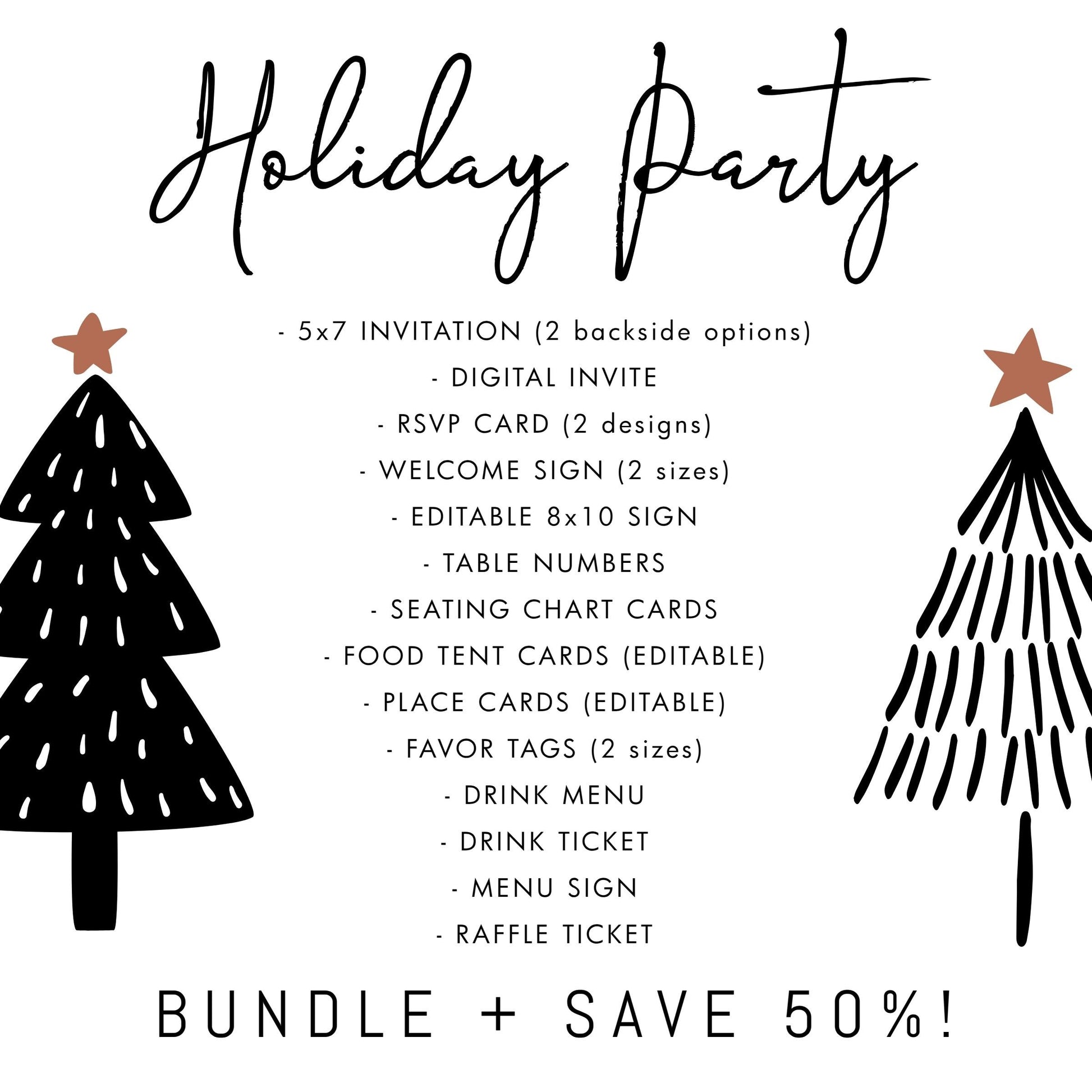 Company Holiday Party Invitation Bundle | Printable Office Christmas Party Set | Minimalist Black & White Tree Decor Package for Work Event