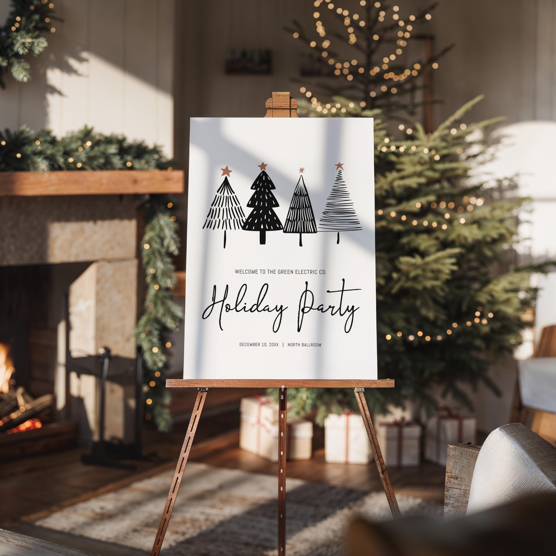 Company Holiday Party Invitation Bundle | Printable Office Christmas Party Set | Minimalist Black & White Tree Decor Package for Work Event