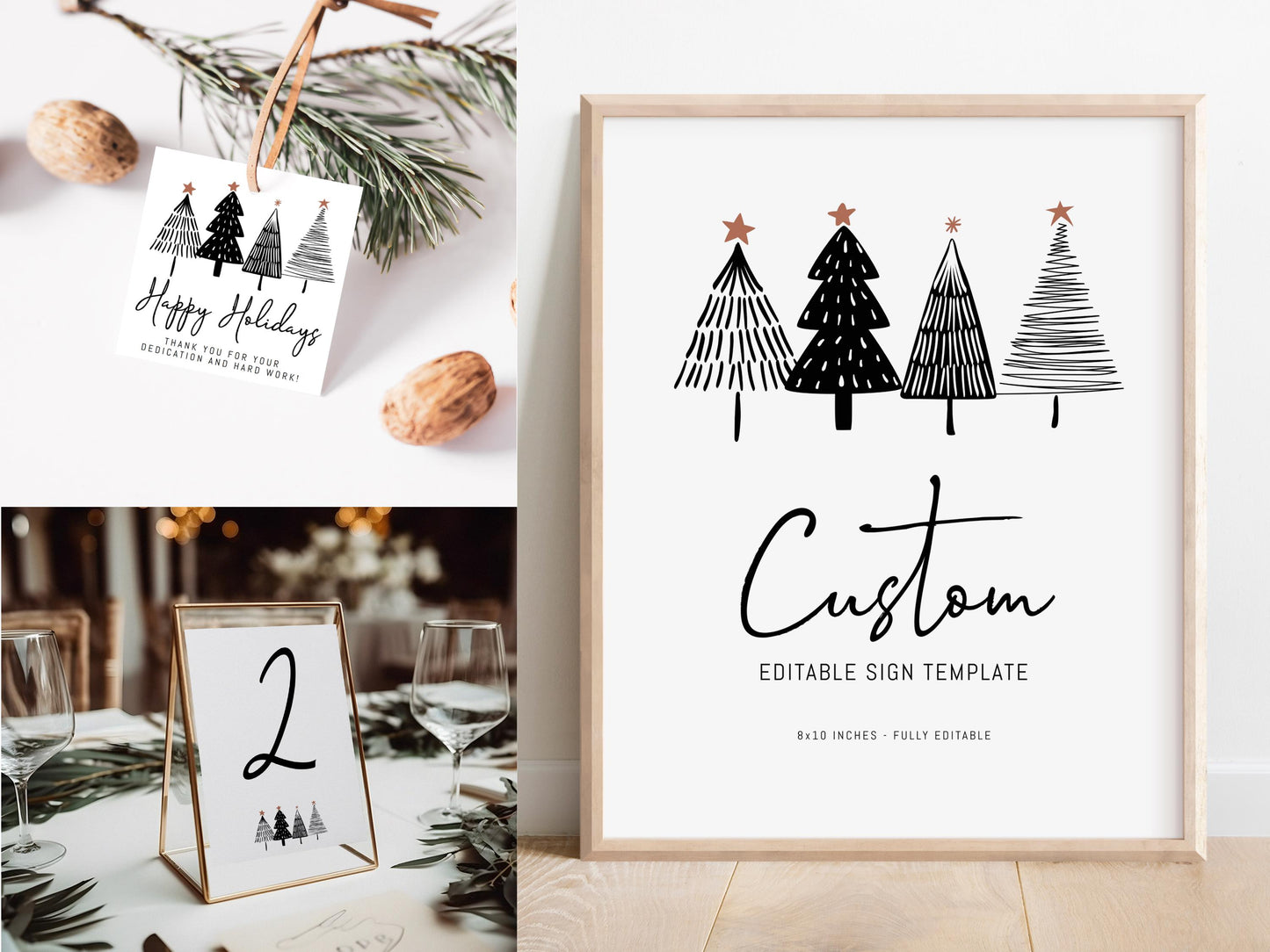 Company holiday party printable bundle with black and white minimalist Christmas tree design, featuring invitation, RSVP card, menu, table numbers, place cards, and welcome sign for office holiday events.